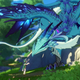 An image from Genshin Impact depicting a character going to pet a gigantic sky dragon.